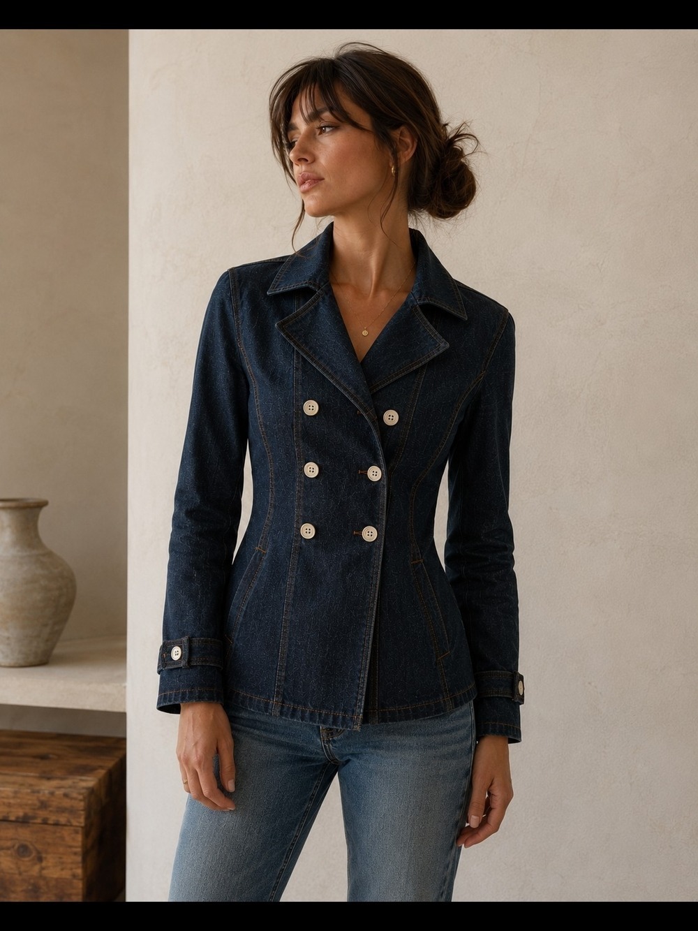 Jacob Jr Stretch Denim Jacket S/M Double Breasted Dark Wash Fitted Parisian Chic